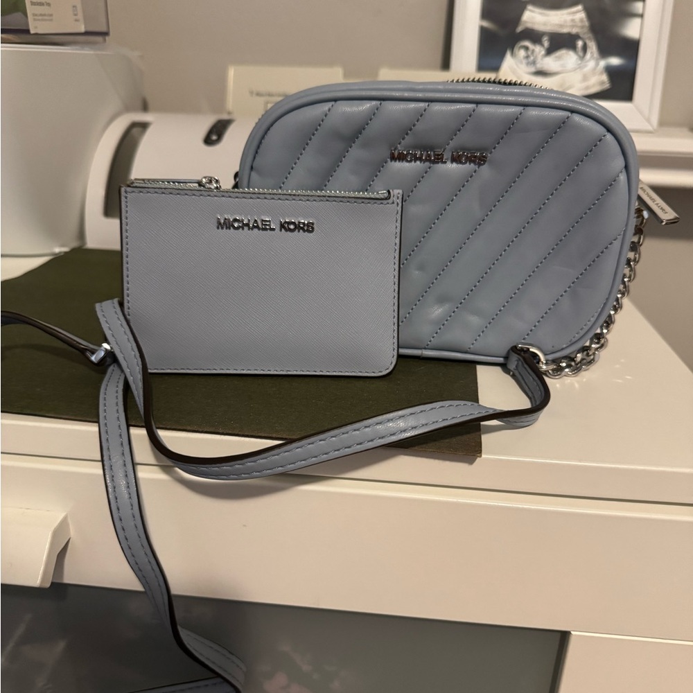 Michael Kors Powder Blue Quilted Bag with Matching Cardholder